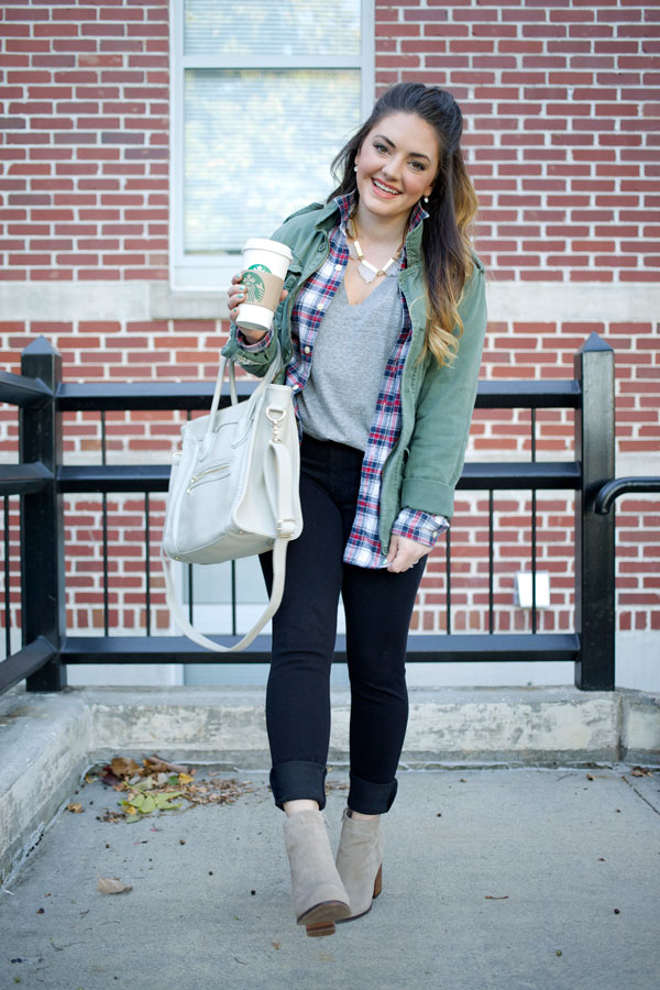 Mae Amor - Fall Layers: SPANX denim, Jeffrey Campbell booties, army jacket, plaid, flannel, BaubleBar geode necklace