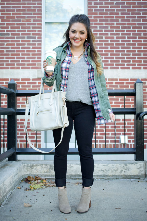 Mae Amor - Fall Layers: SPANX denim, Jeffrey Campbell booties, army jacket, plaid, flannel, BaubleBar geode necklace