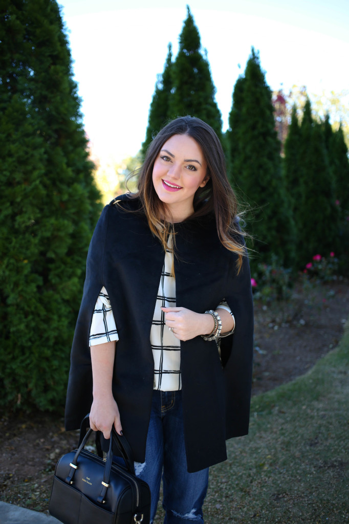 Mae Amor - Black Cape Coat, Window Pane, black ankle booties, distressed denim