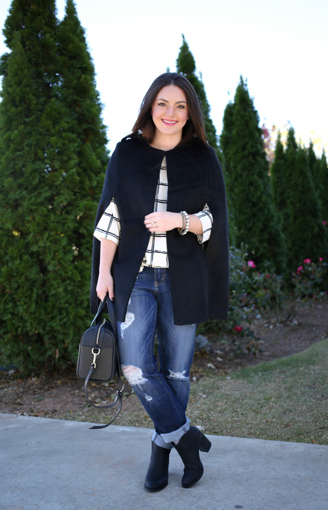 Mae Amor - Black Cape Coat, Window Pane, black ankle booties, distressed denim