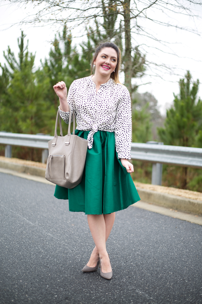 Full Green midi skirt, polka dot ikat blouse, pony tail, trapeze bag, grey scalloped pointy toe heels