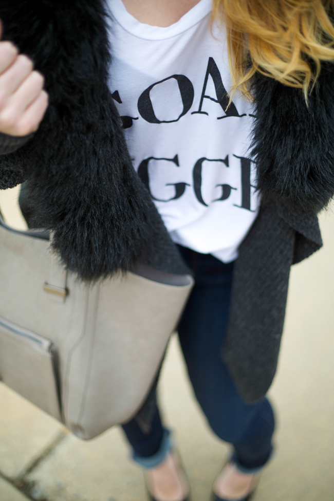Goal Digger tee, James Jeans, knit cardigan with faux fur collar, black pointed toe pumps, trapeze bag, ombre hair