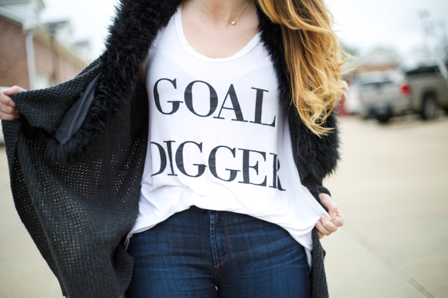 Goal Digger tee, James Jeans, knit cardigan with faux fur collar, black pointed toe pumps, trapeze bag, ombre hair