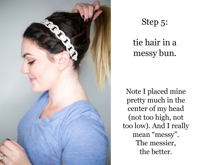 Quick and easy last minute holiday hair tutorial with side braid, embellished headband, and messy bun