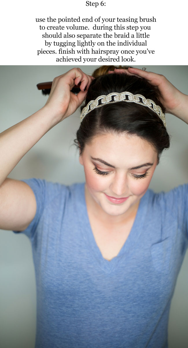 Quick and easy last minute holiday hair tutorial with side braid, embellished headband, and messy bun