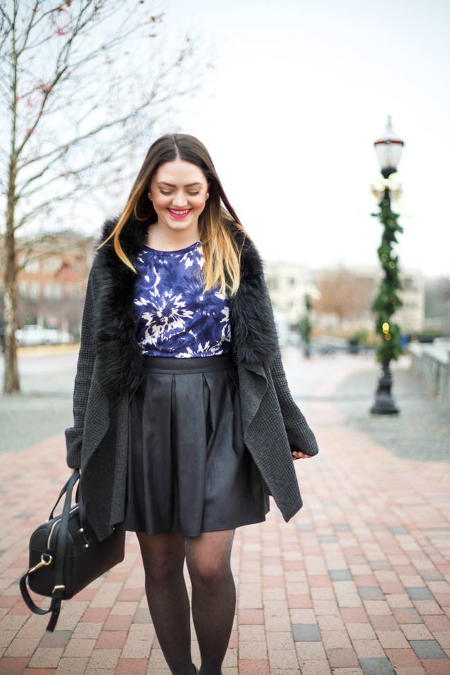 faux leather skirt, pointed toe pumps, faux fur cardigan, crop top, sparkly tights, Karen Walker