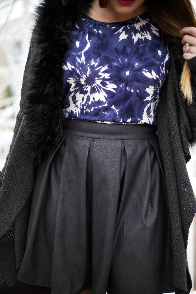 faux leather skirt, pointed toe pumps, knit cardigan with faux fur, crop top, sparkly tights, Karen Walker