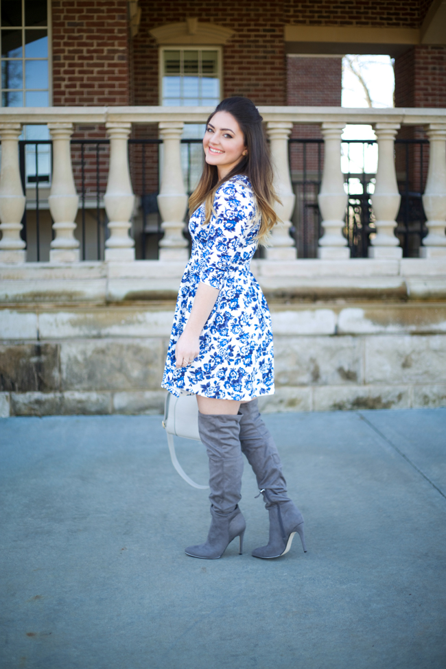 Asos blue and white floral skater dress, grey over the knee boots, grey bag, ombre, navy faux fur coat