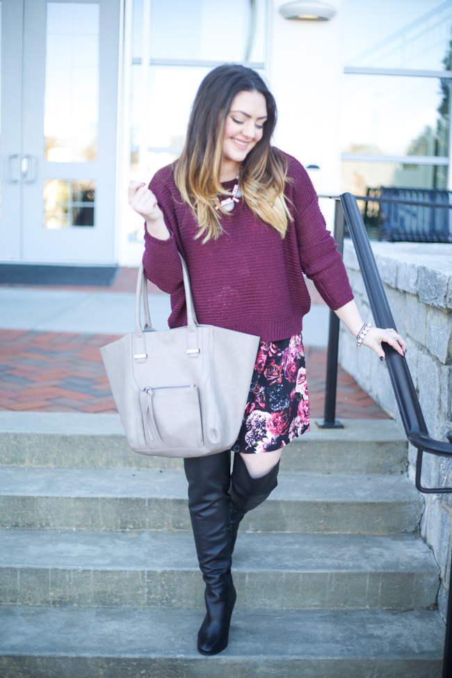 Cranberry Cropped Knit Sweater, Asos Floral Dress, OTK Boots, Bauble Bar, Nordstrom