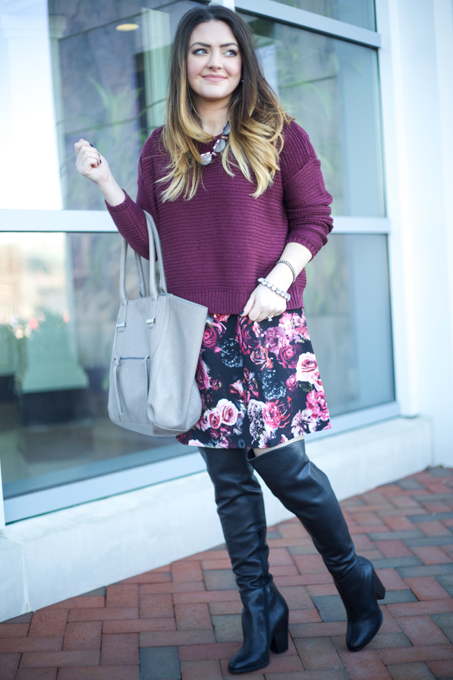Cranberry Cropped Knit Sweater, Asos Floral Dress, OTK Boots, Bauble Bar, Nordstrom