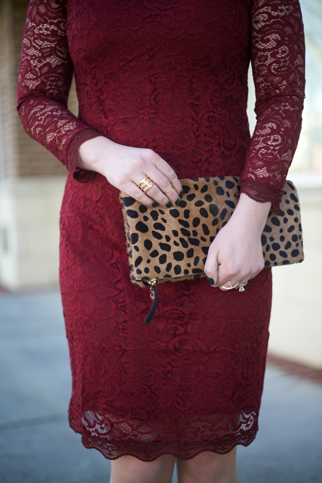 Piperlime Collection Allover Lace Dress, leopard foldover clutch, BaubleBar 360 studs