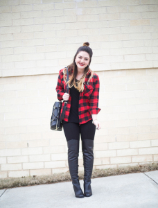one shot shoot - Buffalo Plaid Shirt, Black Leggings, Over the Knee Boots, Karen Walker Bag, Half Up Top Knot