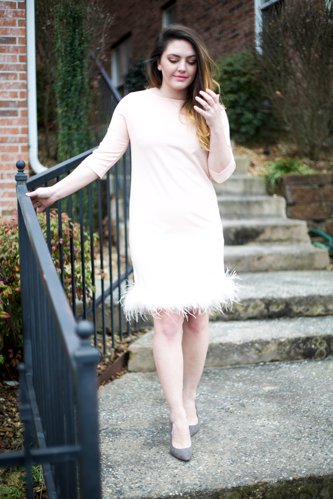 pink feather shift dress, grey scalloped heels, ombre, party look