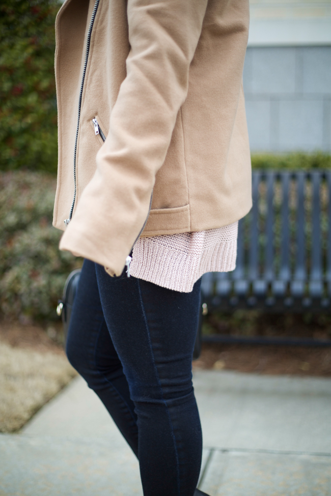 Mae Amor- Boxy Camel Colored zipper Jacket, Coated Skinny Jeans, Karen Walker Bag, Pink Knit Sweater, Medium Ombre Hair
