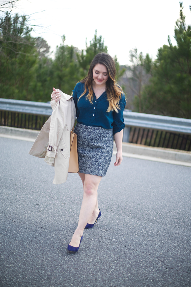 Mae Amor- blue tweed skirt, light trench coat, blue button down, blue suede midi pumps, large rebecca minkoff mab tote