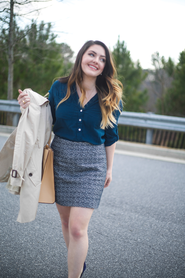 Mae Amor- blue tweed skirt, light trench coat, blue button down, blue suede midi pumps, large rebecca minkoff mab tote