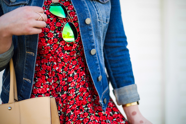 Mae Amor- Red Floral Romper, Paige Denim Jacket, Rebecca Minkoff MAB tote, black wedges, Ray-Ban mirrored sunglasses, Loren Hope, Pacsun, Gorjana