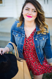 Mae Amor- Red Floral Romper, Paige Denim Jacket, Rebecca Minkoff MAB tote, black wedges, Ray-Ban mirrored sunglasses, Loren Hope, Pacsun, Gorjana