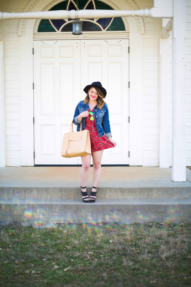 Mae Amor- Red Floral Romper, Paige Denim Jacket, Rebecca Minkoff MAB tote, black wedges, Ray-Ban mirrored sunglasses, Loren Hope, Pacsun, Gorjana