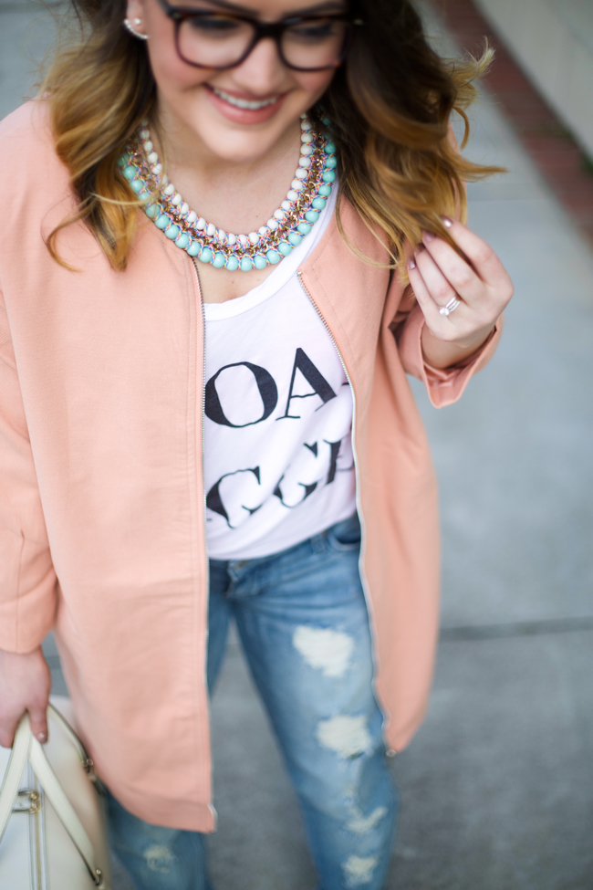 Mae Amor- blush longline duster coat, distressed boyfriend jeans, Goal Digger tee, Kate Spade, BaubleBar collar necklace