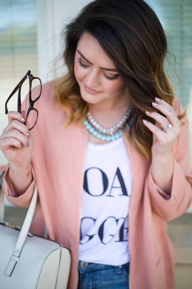 Mae Amor- blush longline duster coat, distressed boyfriend jeans, Goal Digger tee, Kate Spade, BaubleBar collar necklace