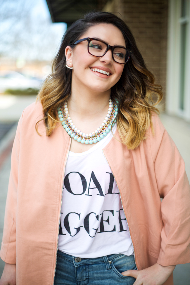 Mae Amor- blush longline duster coat, distressed boyfriend jeans, Goal Digger tee, Kate Spade, BaubleBar collar necklace