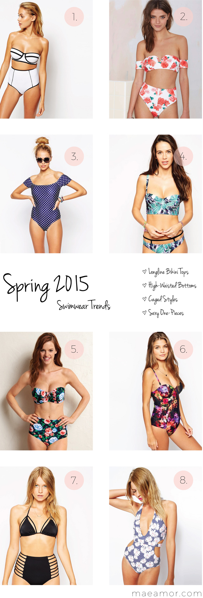 Spring 2015 Swimwear Trends: longline bikini tops, high-waisted bottoms, caged styles, sexy one-pieces