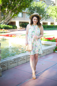 Mae Amor- floral wedding guest dress, tory burch wedge, J.Crew crossbody, boater hat