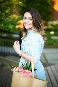 Mae Amor- light blue midi skirt, Schutz lace up sandal, striped button down, nude bag