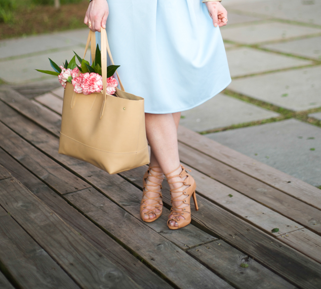 Mae Amor- light blue midi skirt, Schutz lace up sandal, striped button down, nude bag
