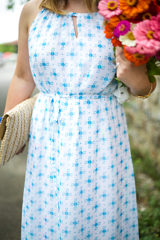 Mae Amor- Around my Hometown - A day in Hot Springs, AR - Blue and White Maxi Dress, Straw Clutch, Tory Burch Wedges
