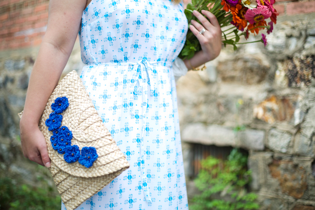 Mae Amor- Around my Hometown - A day in Hot Springs, AR - Blue and White Maxi Dress, Straw Clutch, Tory Burch Wedges
