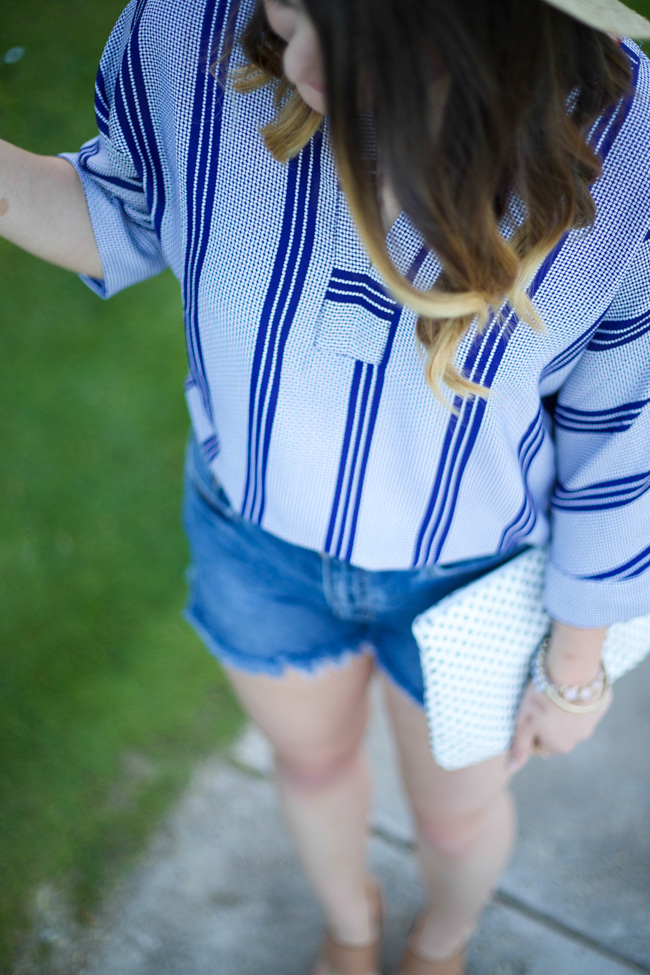 Mae Amor | How to Dress up Denim Shorts - Striped Dot print top, relaxed dolman top, high waisted denim shorts, Tory Burch Lexington Wedge, Straw Boater Hat