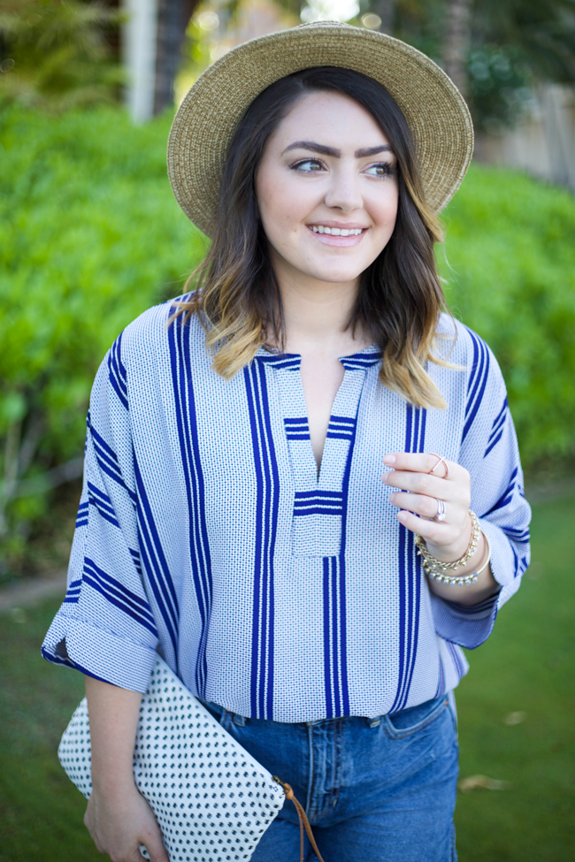 Mae Amor | How to Dress up Denim Shorts - Striped Dot print top, relaxed dolman top, high waisted denim shorts, Tory Burch Lexington Wedge, Straw Boater Hat