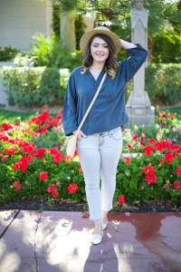 Mae Amor- Julie Lopez shoes, grey skinny jeans, drapey v-neck, nude cross body bag, boater hat, atlanta fashion blogger