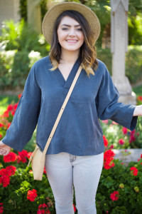 Mae Amor- Julie Lopez shoes, grey skinny jeans, drapey v-neck, nude cross body bag, boater hat, atlanta fashion blogger