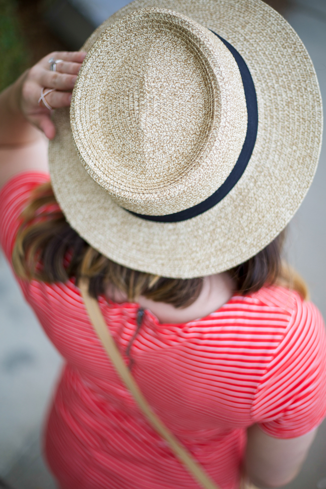 Mae Amor- red stripe t-shirt dress, boater hat, crossbody bag, embellished sandals, ombre hair