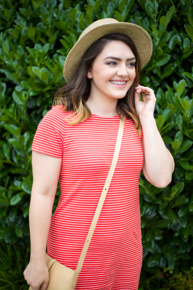 Mae Amor- red stripe shift dress, boater hat, crossbody bag, embellished sandals, ombre hair