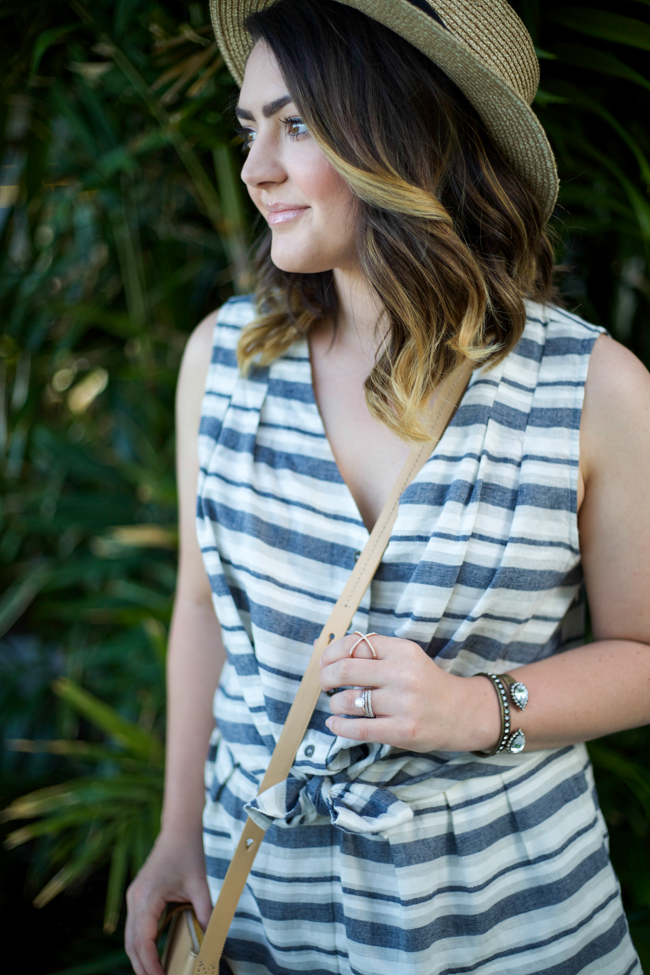 Mae Amor (@maeamor)- Striped Romper, Tan Crossbody, Straw Boater, Loren Hope clara bracelet, Loren Hope cuff, Tory Burch Lexington Wedges