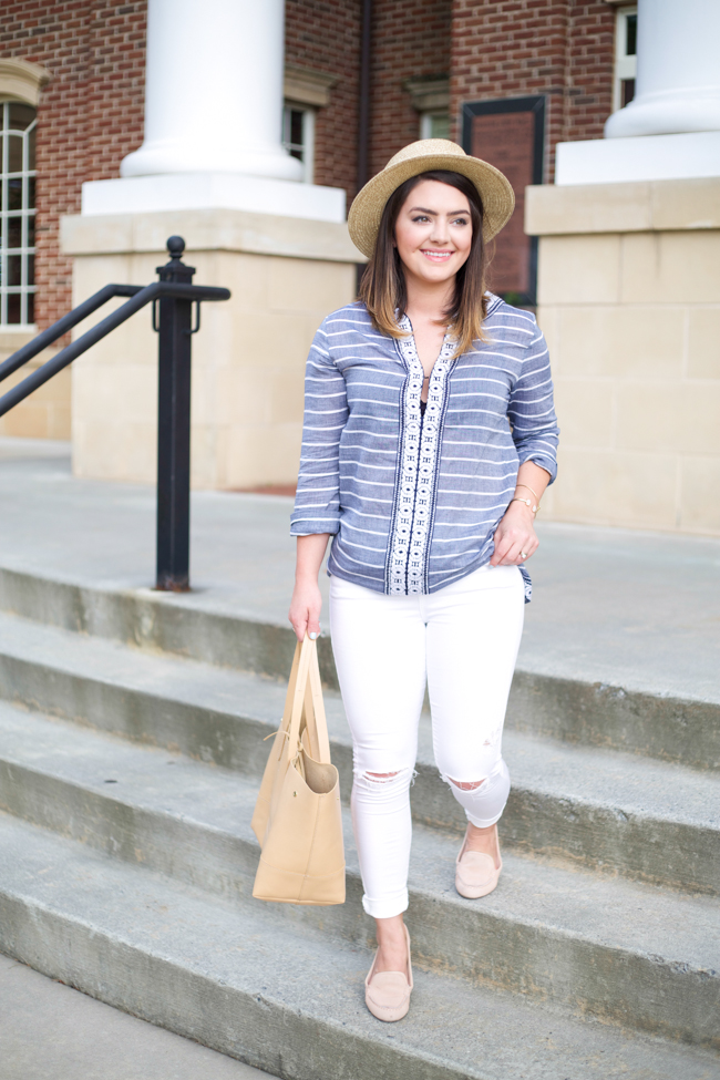 Mae Amor- Joie Samali Tunic, Topshop Moto Jeans, J. Crew tote, Boater Hat, Gap Suede Loafers