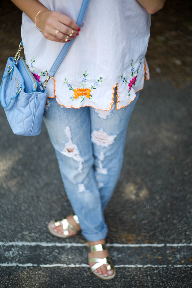 Mexican Embroidered Blouse via Mae Amor @maeamor boyfriend jeans, gold sandals, Vera Bradley quilted crossbody