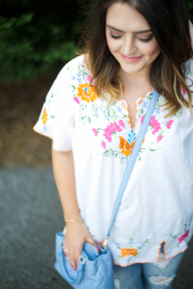 Mexican Embroidered Blouse via Mae Amor @maeamor boyfriend jeans, gold sandals, Vera Bradley quilted crossbody