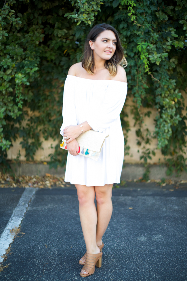 White Off Shoulder Dress with DIY Tassel Clutch via Mae Amor @maeamor
