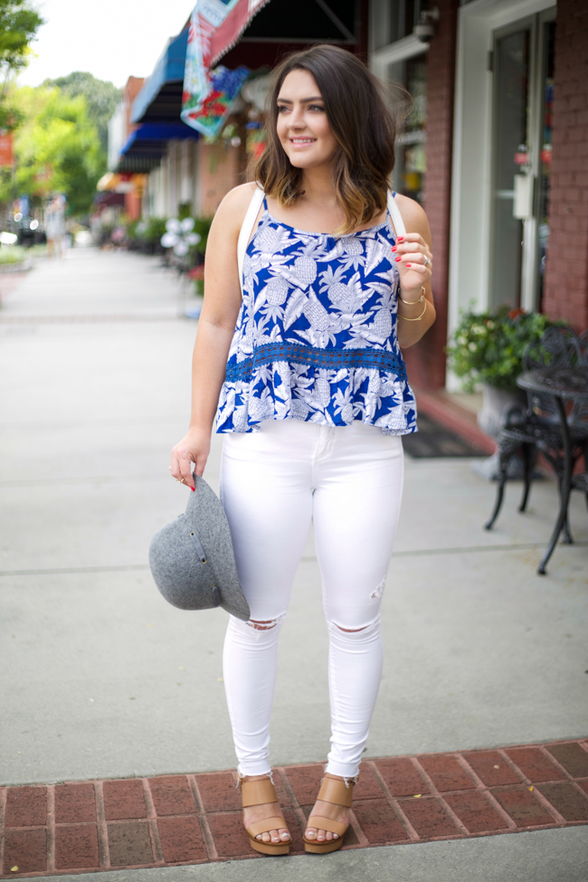 Pineapple Cami via Mae Amor @maeamor | white distressed skinny jeans, grey felt hat, white quilted backpack, Tory Burch Lexington Wedges