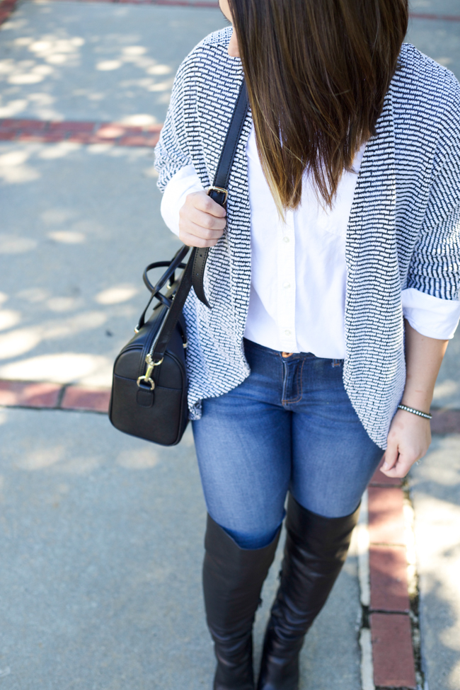 black over the knee Boots via @maeamor with white button down shirt, black Benah for Karen Walker bag, slouchy cardigan