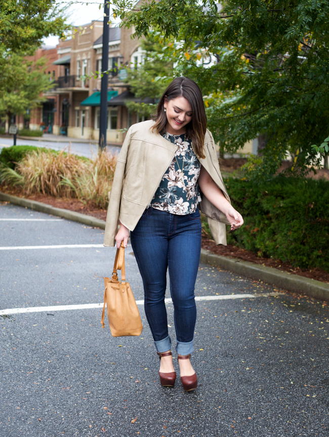 Floral Crop Top and Taupe Leather Jacket via @maeamor