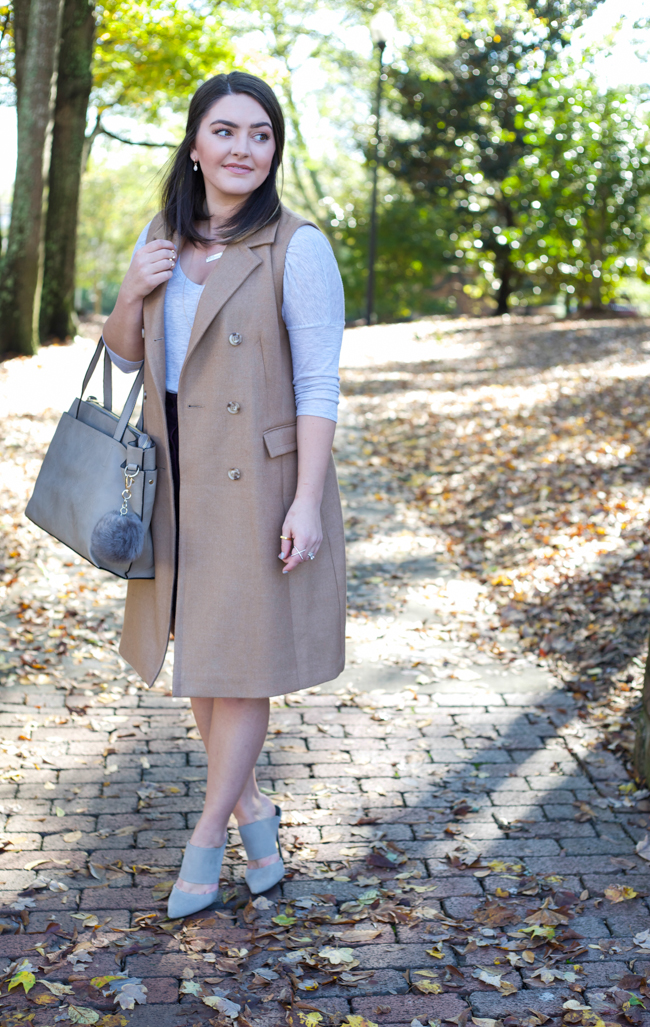 Longline Sleeveless Coat via @maeamor cord button mini skirt, pom pom bag charm