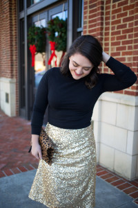 Gold Sequin Skirt via @maeamor black turtleneck crop top, leopard foldover clutch
