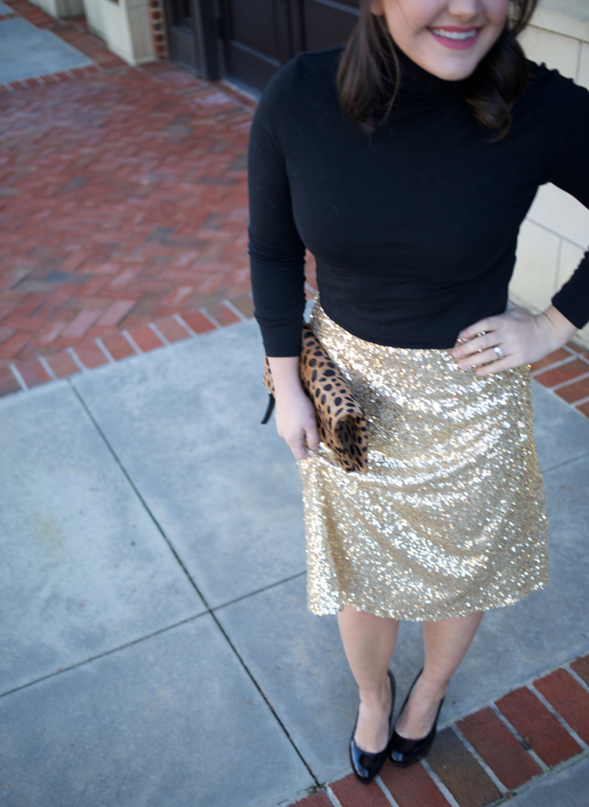 Gold Sequin Skirt via @maeamor black turtleneck crop top, leopard foldover clutch