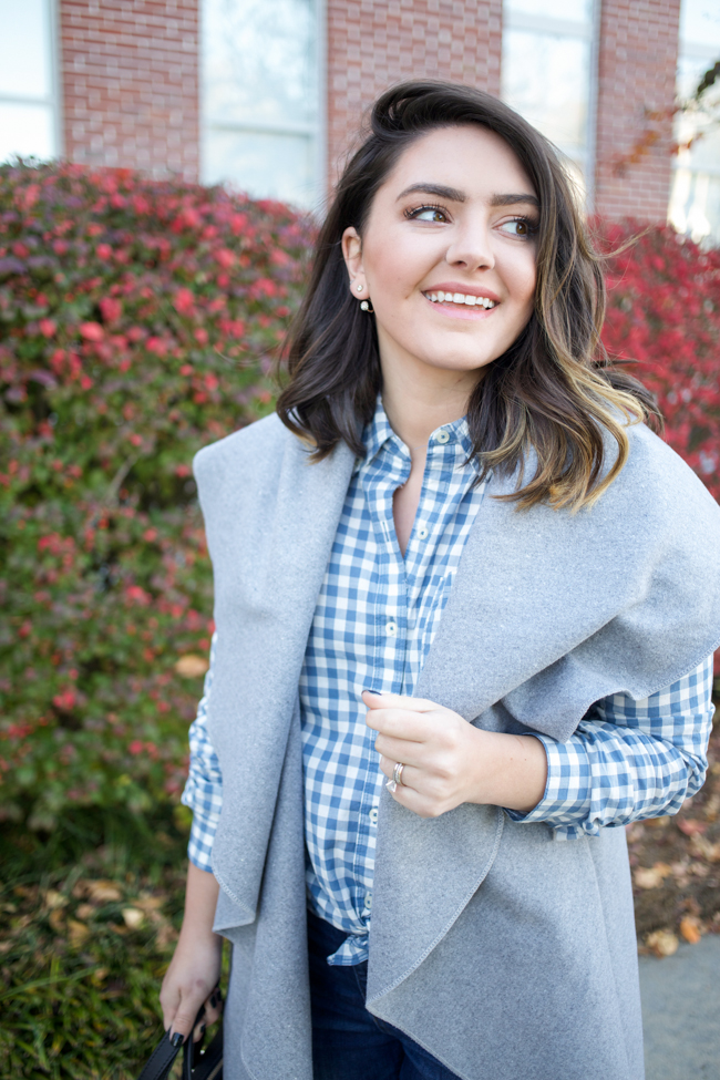 Grey Circle Vest via @maeamor Blue Gingham Button Down, High-Waisted Jeans, Black Ankle Boots